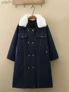 Damskie Parkas Plus w rozmiarze odzież damska zimowa kurtka dżinsowa z futrzaną kołnierzem podwójnie piersi kontrola bawełniana gęsta płaszcz 231118