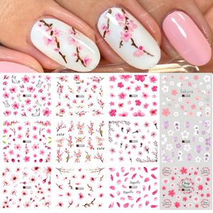Spring Sakura Nail Water Stickers Pink Cherry Blossoms Decals Flowers Leaf Tree Summer Nails Art Decoration Sliders BEA1621-1632 Nail ArtStickers Decals Nail Art
