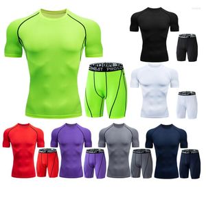 Set da corsa Collant sportivi da uomo T-shirt a maniche corte Pantaloni Leggings Fitness Pantaloncini da basket Training Top Set di abbigliamento sportivo a compressione