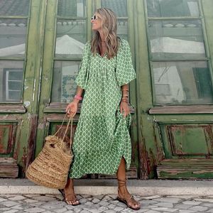 Casual Dresses Women Boho Maxi Dress Fashion Lantern Sleeve V Neck Printing Long Dress Summer Holiday Female Ankle-Length Party Dress Vestidos 230418