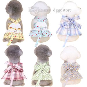 Small Dog Apparel No Pull Dog Harness Dress with Leash Set Puppy Girls Vest Harnesses with Angel Wing Cute Flowers Strawberry Printed Princess Dresses with D Ring S A61