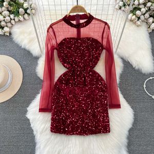 Casual Dresses Elegant Shiny Sequined Party Dress Sexy See Through Mesh Patchwork Long Sleeve Slim Bodycon Mini Night Out Club Dresses 2024