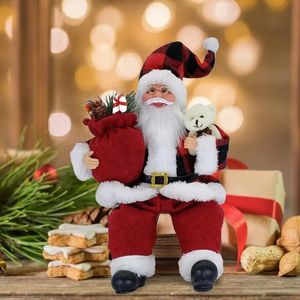 Decorações de Natal Papai Noel Pequenas Estatuetas Portátil Sentado Estátua de Papai Noel com Saco de Presente e Boneca de Urso para Crianças Decorações de Natal 231117