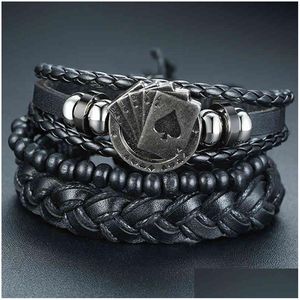 Charm Armbänder Vnox Mix 3-4 Teile/satz Geflochtene Wickellederarmbänder Für Männer Frauen Vintage Poker Charme Holzperlen Ethnische TR Dhgarden Ot8Kq