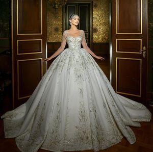 Zarif balo elbisesi gelinlik uzun kollu v boyun payetleri aplike 3d dantel ruffles gelinlikler elmas boncuklar artı boyutu özel yapılmış vestido de novia