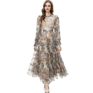 Women's Runway Dresses Ruffled Collar Long Sleeves Floral Printed Tiered High Street Designer A Line Vestidos