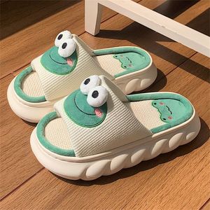 Slippers Lovely Frog Linen Slippers Women Shoes Couples Non Slip Thick Soled Spring Summer Cotton Linen Cool Slippers Home Slippers Slide 230418