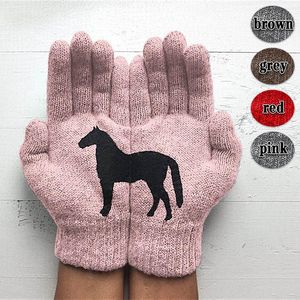 Five Fingers Gloves Animal Horse Printed Knitted Full Finger Wrist Women Girls Winter Warm Riding Cycling Mittens 210