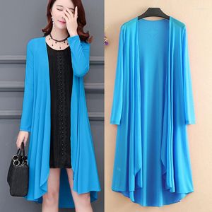 Kvinnors blusar Summer Blue Cardigan Women Clothing Casual Long Sleeve Ladies Tops Elegant Plus Size Mesh Shawl Solid Outerwear Q5823