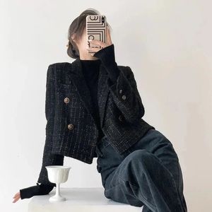 Ternos femininos blazers mexzt vintage preto blazers mulheres elegante jaqueta curta coreano outono inverno tweed cortado terno casaco topos retro casual outerwear 231117