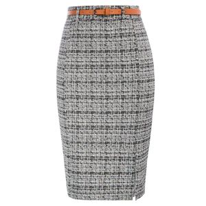 Skirts KK Women Bodycon Skirt Fashion Tweed Latticed Printed With Belt High Waist Knee Length Slit Front Work Office Lady Skirts 231117