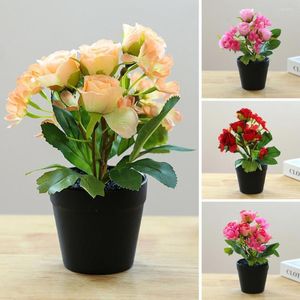 Flores decorativas Belas flor de rosa falsa sem regar decoração caseira cor vibrante planta de mini vaso