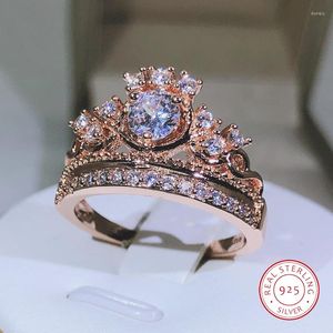 Küme halkaları 925 gümüş satan taç zirkon yüzüğü bayanlar için blingbling doğum günü nişan düğün mücevher hediyesi