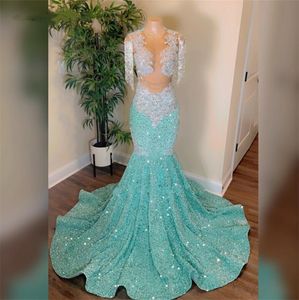 Mint Green Sequin Sliver Tassels Prom Beaded Appliques Black Girl Mermaid Dresses For Evening Party Gala Dress
