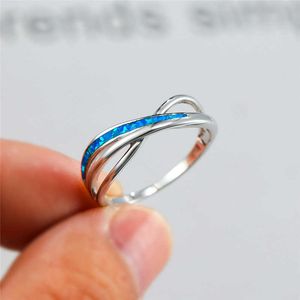 Band Rings New Fashion Simple Silver Plated Hollow Cross Thin Ring Imitation Blue Opal Anniversary Gift Jewelry Women's Wedding Band Gift AA230417