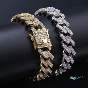 18K Gold Iced Out Cublic Zirconia Mens Hiphop Stone Bar Cuban Chain Bracelet Rock Punk Rapper Jewelry Copper Wrist Chains