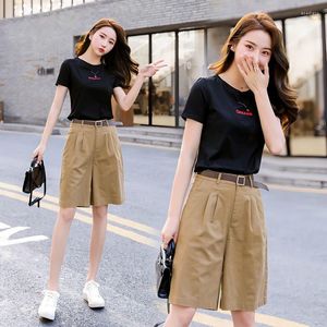 Shorts femininos algodão para mulheres até o joelho elegante cor sólido cáqui reto com cinto de vestuário feminino casual solto A92