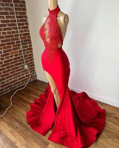 Prom Dresses Red Evening Gown Party Formal Ny anpassad plus -storlek Dragkedja sjöjungfru Satin Tärdat med ärmlösa Applique -paljetter med hög hals