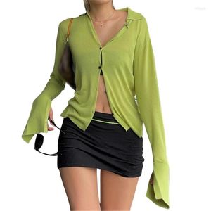 Women's Jackets Women Long Sleeve Button Down V Neck Crop Tops Shirt Forest-green Up Cardigan Outwear