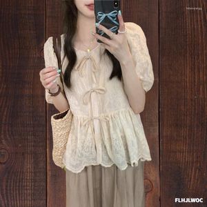 Kvinnors blusar retro vintage spets broderi peplum tops blusas 2023 kvinnor koreansk stil japan flickor snörning båge tröjor söta söta