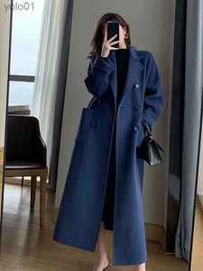 Women's Wool Blends Jmprs Winter Woolen Long Coat Casual Women Double Breasted Faux Wool Jacket Fall Fashion Korean Ladies Black Clothes NewL231118