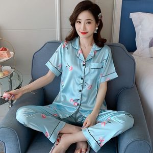 Women's Sleepwear Short Sleeve Silk Pajamas Soft Women Summer Home Set Girl Sleepwear Pyjamas 3XL 4XL 5XL 85kg Nightwear Set Women Pjs 230418