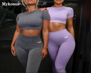 Moda logo spor seti kadın gri mor iki 2 parçalı mahsul üst yüksek bel tozluk spor egzersiz kıyafeti fitness spor salonu yoga setleri2220551