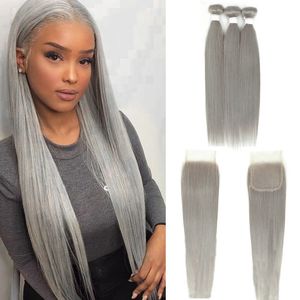 Spitze Perücken Brasilianische Gerade Bündel Mit Verschluss 4x4 Silber Grau Farbe 3 Bundles Grau Remy 100 Echthaar KEMY HAIR 231113