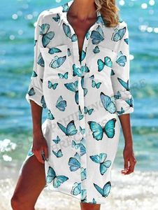 여성용 블라우스 긴 소매 블라우스 여성 패션 나비 Blusa 버튼 업 사무실 셔츠 캐주얼 Boho Beach Sunscreen