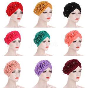 Mulheres flores plissado turbante bonés muçulmano elástico pérolas lenço gorro senhoras acessórios para o cabelo boné indiano de613