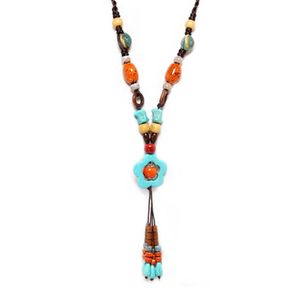 Pendant Necklaces Retro Ethnic style Handmade ceramic Bead pendant Sweater chain necklace N502 Z0417