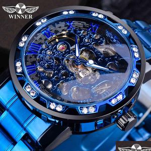 Bilek saatleri kazanan şeffaf elmas mekanik saat mavi paslanmaz çelik iskelet izleme markası lüks iş lumi dhgarden ot8ix