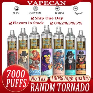 RandM Tornado Puff 7000 Puffs 7K Original Fumot Descartáveis Vapes Pen Vaper Puff 7000 Cigarros Eletrônicos 14ml Pod Mesh Coil 6 RGB Recarregável Ajustável por Ar 0% 2% 3% 5%