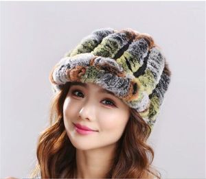 Caps de bola Natural Rex Fur Hat Brim Baseball Cap Women Winter Inverno elegante malha quente