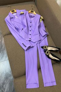 Autumn Purple Solid Color Two Piece Pants Set Long Sleeve Notched-Lapel Double-Breasted Blazers Top With Vest Long Pants Set 3 Piece Blazer Set F3N02171539