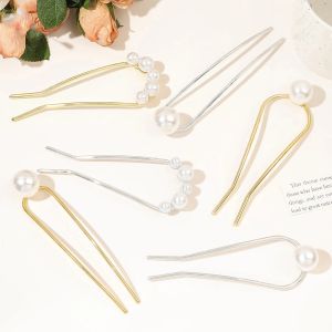 Elegant Antique Imitation Pearl U Shape Hairpin Metal Barrette Clip Simple Modern Temperament Head Headdress Hair Sticks