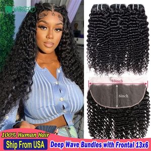 Hair Bulks Virgo Deep Wave Bundles With Hd Frontal 13X6 Lace Human Curly Closure 231113