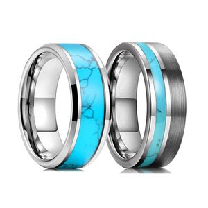 Band Rings Fashion 8mm Men Silver Color Tungsten Wedding Ring Blue Turquoise Stone Inlaid Polished Flat Ring For Men Wedding Band Jewelry AA230417