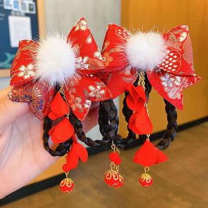 Parrucca cinese Hanfu per bambini Fermagli per capelli intrecciati Stile principessa Nappa Abito antico Copricapo di Capodanno