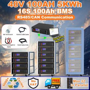 48V 100Ah Pacco batteria LiFePO4 150Ah 200Ah 16S 51,2V 5KWh Integrato 100A BMS RS485 CAN Max 32 Parallelo Oltre 6000 cicli profondi