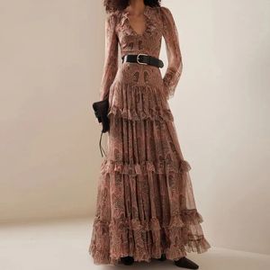 Kadın Örgü Tees 2023 Sonbahar Günlük Bohemia Elbiseler Zarif V Boyun Çırpılmış Yüksek Bel Akşam Dres Moda Baskılı Mesh Pleated Uzun 231117