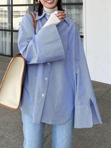 Blusas femininas moda japão moda moda solta blusa de manga comprida colar de gola de gola de gola única Camisetas femininas 2023 Autumn vintage listrado