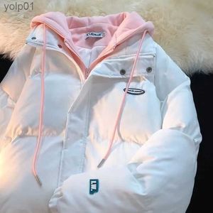 Parka da donna in piumino giapponese carino falso in due pezzi con cappuccio cappotto in cotone sciolto da donna 2023 inverno nuovo cappotto in cotone ispessito cappotto invernale marea da donna L231118