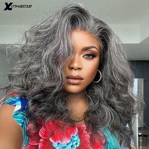 Synthetic Wigs Salt and Pepper Lace Frontal Black Grey Highlight Wig Wavy 13x4 Front Sliver Colored Human Hair 231113