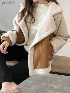 Women's Wool Blends 2023 Winter Lamb Wool Bomber Jacket for Women Suede Fabric BF Wind Fur One Coat with Zipper Thick Warm Cropped Biker JacketsL231118