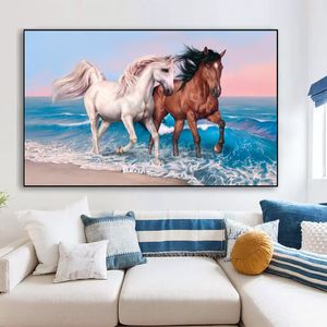 Två hästar djur som målar väggkonstduksaffischer och skriver ut Seawave Landscape Canvas som målar modern väggbild