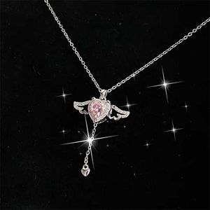 Hänghalsband 2022 Korean Pink Crystal Angel Cupid Wings Heart Pendant Chain Necklace For Woman Girl's Vintage Y2K Aesthetic Grunge Jewelry Z0417