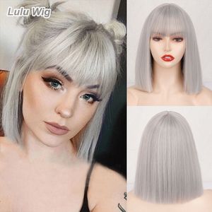 Synthetic Wigs Short Silver Gray Bob with Bangs Straight for Women Cosplay Daily Party Red blackpink Wig 230417