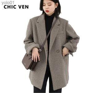 Women's Wool Blends CHIC VEN Autumn Winter Korean Women Woolen Blazer Cotton Lining Thick Warm Jacket Solid Color Coat Fe Woman Office Lady TopsL231118