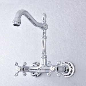 Bathroom Sink Faucets Polished Chrome Double Cross Handle Kitchen Wall Mounted Basin Faucet Mixer Tap Tsf788